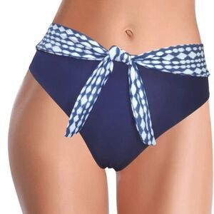 Shekini Deep Blue High Waisted Bikini Tie Knot Front Swim Bottoms,‎ Size S, NWT